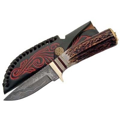 Damascus Hunting Knife Stag Handle