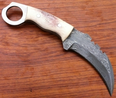 Damascus Steel Karambit Hunting Knife Bone Handle