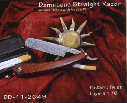 Damascus Steel Straight Shaving Razor Wood Handle