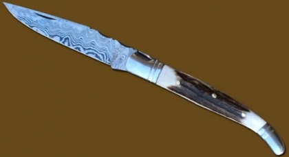 Damascus Steel Laguiole Knife Single Blade Stag Handle