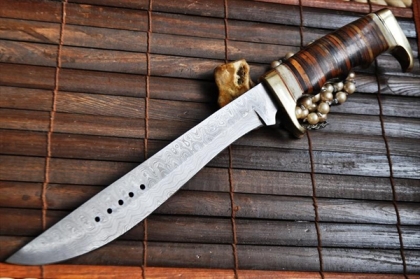 Handmade Damascus Bowie Knife -Leather Handle