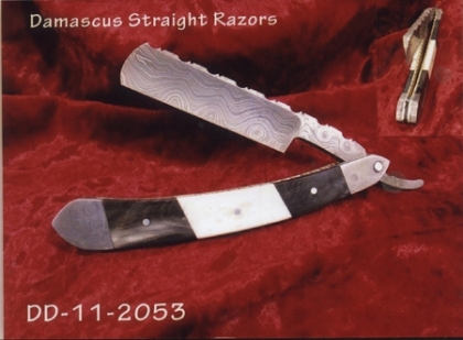 Damascus Steel Straight Shaving Razor Wood-Bone Handle