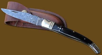 Damascus Steel Laguiole Knife Single Blade Horn Handle