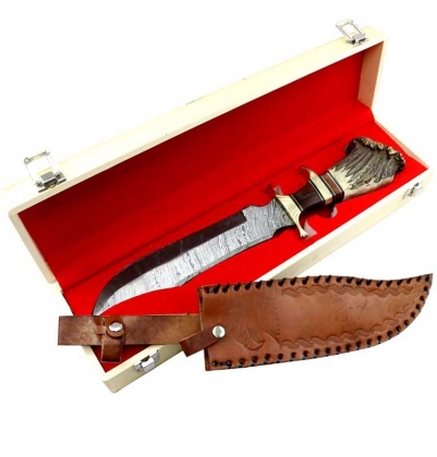 Damascus Steel Stag Horn Handle Hunting Knife