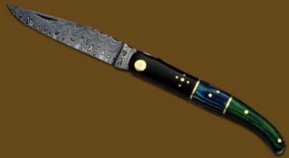 Damascus Steel Laguiole Knife Single Blade Horn-Wood Handle