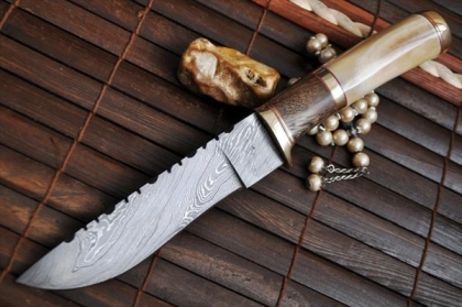 Handmade Damascus Hunting Knife Wood - Bone Handle