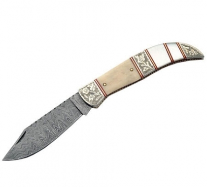 Damascus Folding Knife Bone Handle