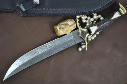 CUSTOM HANDMADE DAMASCUS BOWIE KNIFE WITH STAG HANDLE