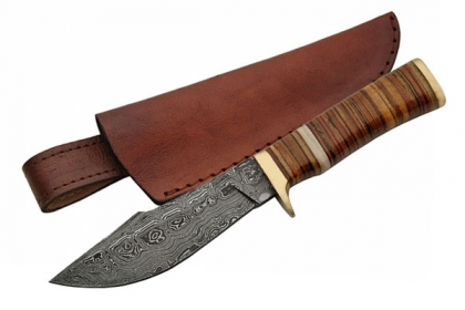 DAMASCUS LEATHER STACKED BOWIE KNIFE