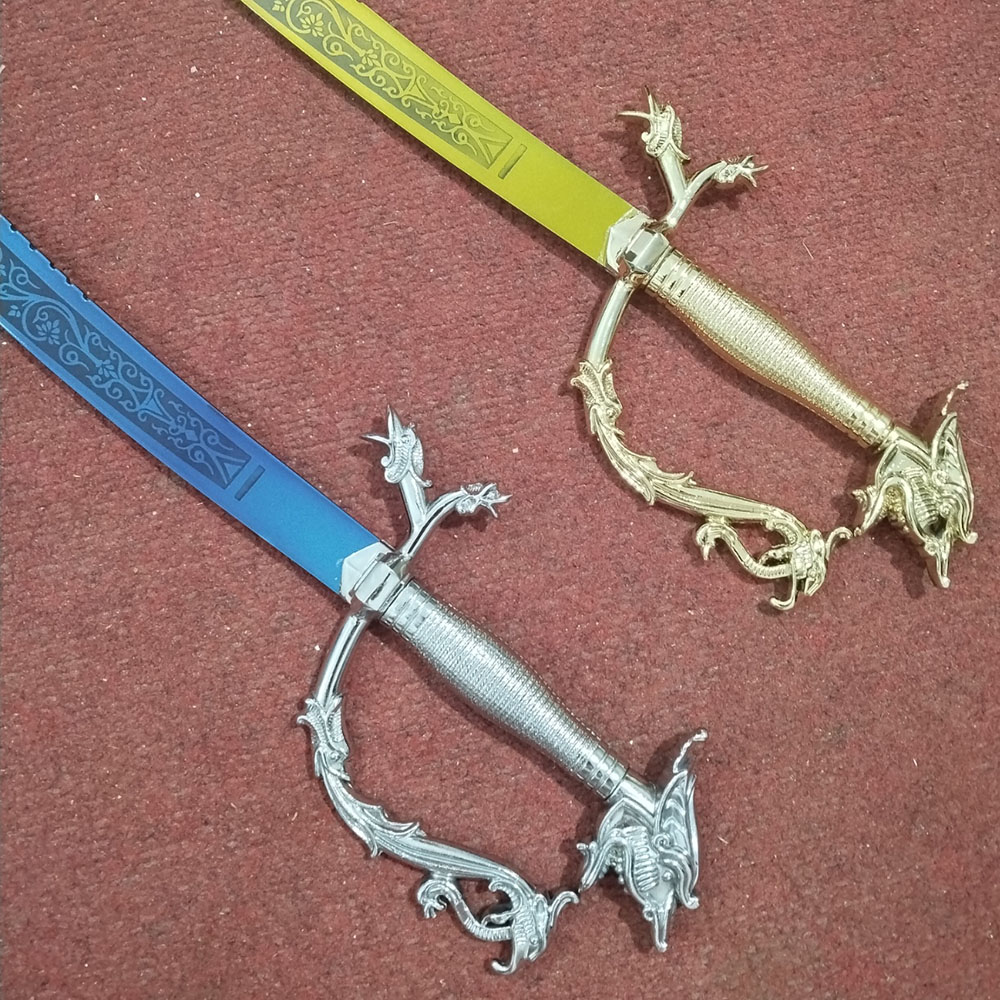 34-Inch Crescent Moon Belly Dance Sword with Ornate Dragon Handle – Blue & Gold image 2