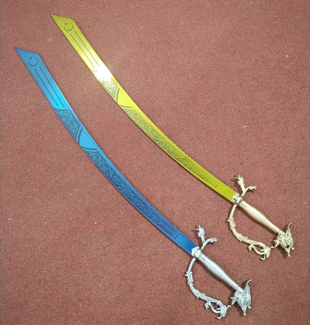 34-Inch Crescent Moon Belly Dance Sword with Ornate Dragon Handle – Blue & Gold