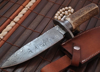 Damascus Bowie Knife Handmade Stag Handle