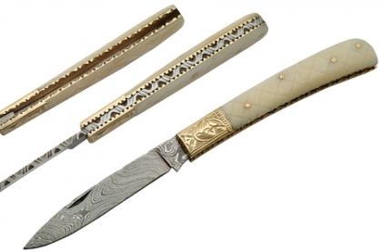 Damascus Folding Knife Bone Handle