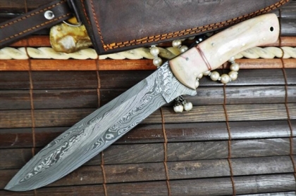 Custom Handmade Damascus Bowie Knife Bone Handle