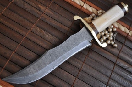 Custom made Damascus Bowie knife bone handle