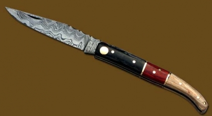 Damascus Steel Laguiole Knife Single Blade Horn-Wood Handle